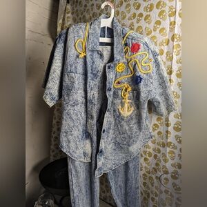 Vintage 80s sailor acid washed jean shirt and pants set